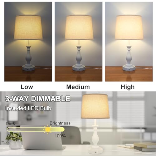 LALISU Farmhouse Table Lamp Touch Control 3-Way Dimmable Table Lamp, Modern Nightstand Lamp with 2 USB Port Bedside Desk Lamp with Fabric Shade for Living Room Bedroom Hotel (Pack 1-Off White) - Image 2