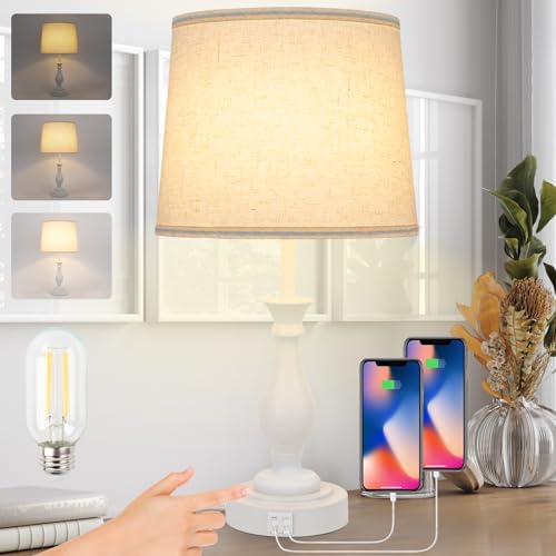 LALISU Farmhouse Table Lamp Touch Control 3-Way Dimmable Table Lamp, Modern Nightstand Lamp with 2 USB Port Bedside Desk Lamp with Fabric Shade for Living Room Bedroom Hotel (Pack 1-Off White) - Image 1