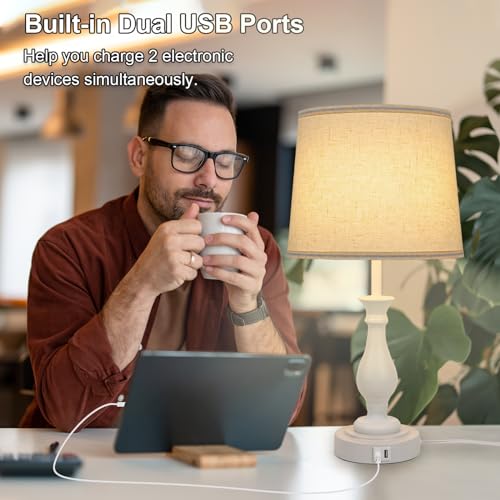 LALISU Farmhouse Table Lamp Touch Control 3-Way Dimmable Table Lamp, Modern Nightstand Lamp with 2 USB Port Bedside Desk Lamp with Fabric Shade for Living Room Bedroom Hotel (Pack 1-Off White) - Image 3