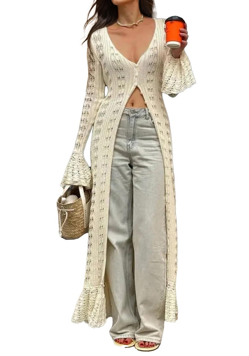 NRTHYE Women Long Crochet Cardigans Button up Knit Hollow Out Elegant Duster Sweaters Cover Up Maxi Dress - Image 1