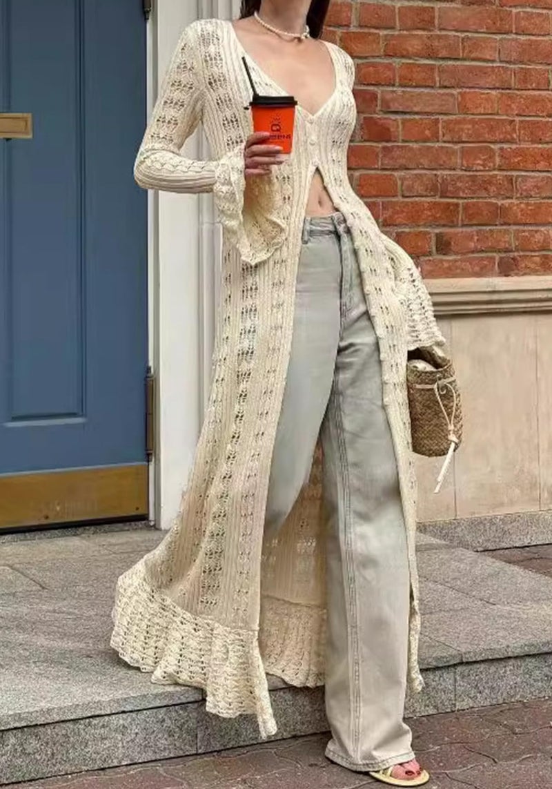 NRTHYE Women Long Crochet Cardigans Button up Knit Hollow Out Elegant Duster Sweaters Cover Up Maxi Dress - Image 5