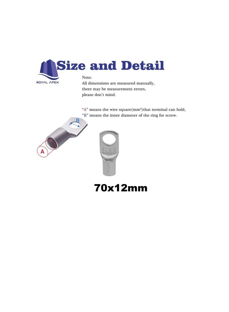 Copper Cable Lugs 10Pcs Set-Wire Terminals, Connector Cable lugs Ring Battery SC Terminals, for Marine, Solar, Automotive, Electric, Home Applications etc (Hole Size 12mm, Cable Size 70mm)  - Image 2