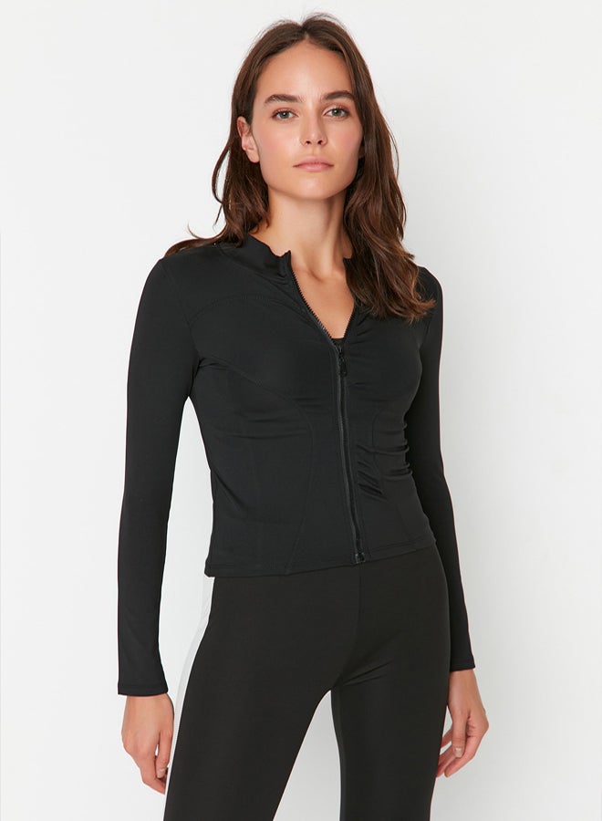 trendyol Black Body-fitting Zippered Stand Collar Knitted Sports Jacket/Sweatshirt - Image 1