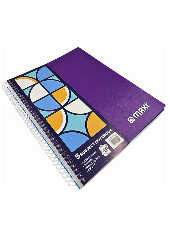 Maxi - Maxi Spiral Polypropylene 5-Subject Notebook, 11" x 8.5", 200 Sheets, Assorted Colors, PPSUB5 - Image 1