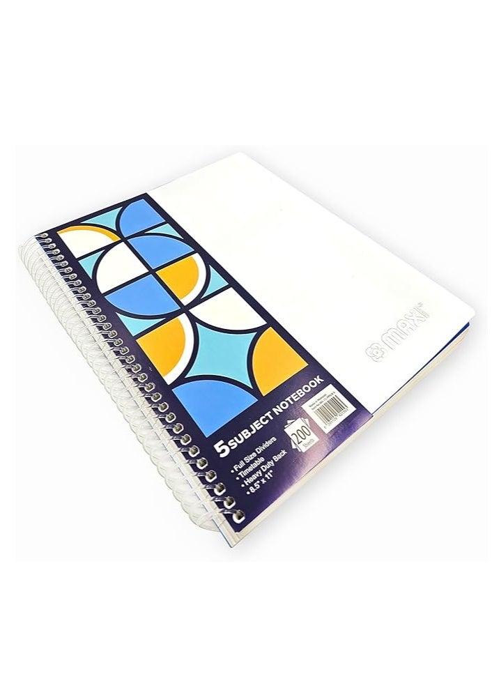 Maxi - Maxi Spiral Polypropylene 5-Subject Notebook, 11" x 8.5", 200 Sheets, Assorted Colors, PPSUB5 - Image 1