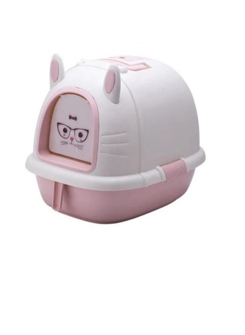 Decorative Cat Litter Box with Cat Face Sticker and Drawer (White*Pink)