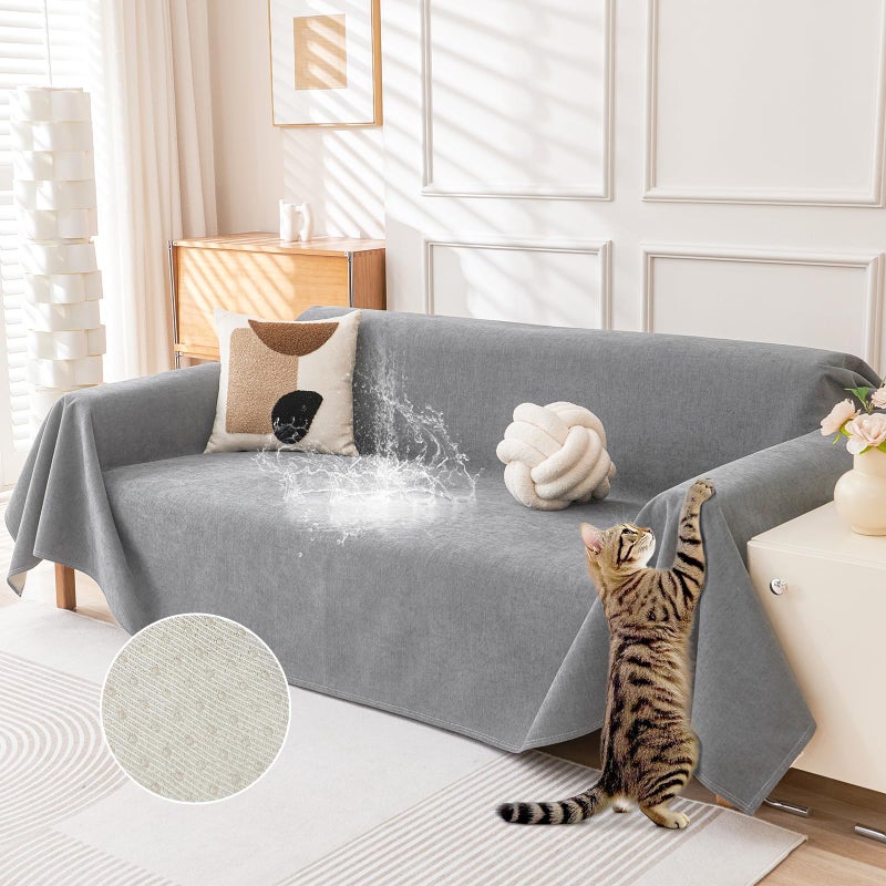 DEEPDREAM Deep Dream Cat-Scratch Resistant Couch Cover, Waterproof Sofa Cover for 3 Cushion Couch Washable, Pet Friendly Couch Protectors Anti Slip Thickened Sofa Slipcovers for Dogs Pets,91" x 134",Light Grey - Image 1