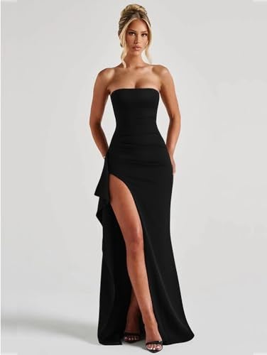 LAGSHIAN Women's Elegant Tube High Split Maxi Dress Strapless Bodycon Ruched Long Formal Evening Dress Black - Image 2