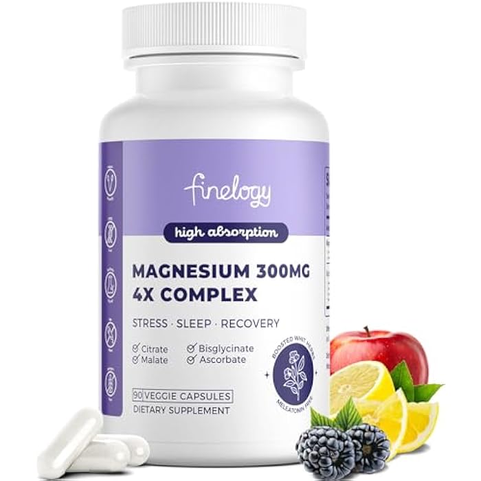 finelogy 4X Magnesium Complex – 300mg Magnesium Supplement with Chelated Glycinate, Citrate, Malate & Ascorbate, High Absorption for Stress, Sleep, Muscle & Bone Health, 90 Capsules - Image 1