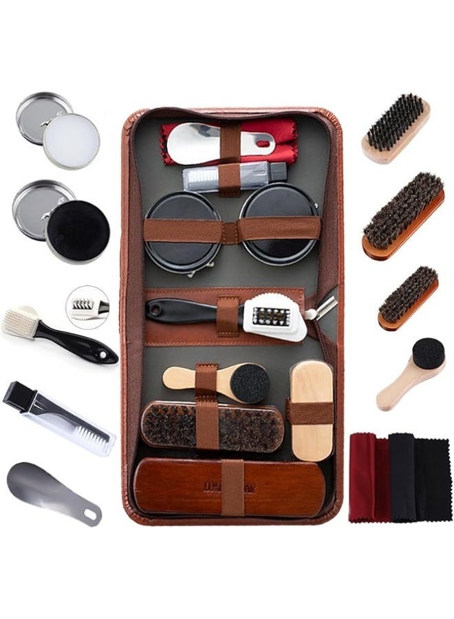 11PCS Shoe Care Kit with Leather Storage Case, Shoe Shine Brushes, Black, Brown and Clear Shoe Polish, Wooden & Horsehair Brushes, Shoe Horn, Multi-Use Leather Care Kit for Boots, Shoes, Bags - Image 1