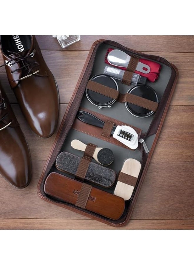 11PCS Shoe Care Kit with Leather Storage Case, Shoe Shine Brushes, Black, Brown and Clear Shoe Polish, Wooden & Horsehair Brushes, Shoe Horn, Multi-Use Leather Care Kit for Boots, Shoes, Bags - Image 5