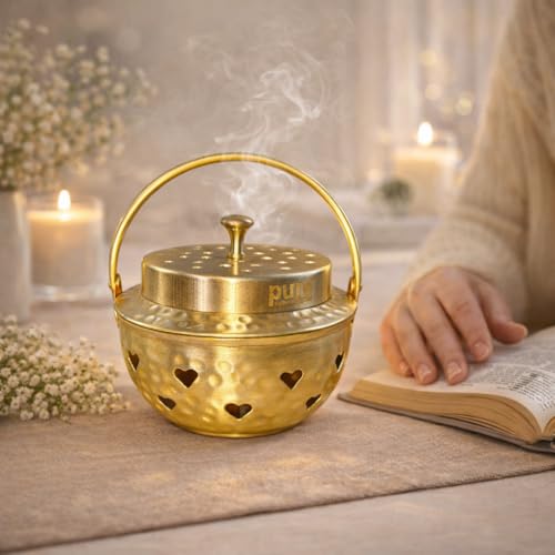 Pure Source India Brass Kapoor Dani, Aroma Diffuser, Bakhoor Dani, Incense Burner, Pack of 1, Hear Shape (Heart Design) - Image 1
