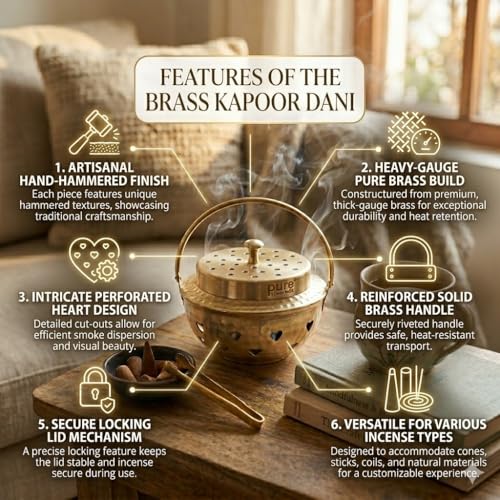 Pure Source India Brass Kapoor Dani, Aroma Diffuser, Bakhoor Dani, Incense Burner, Pack of 1, Hear Shape (Heart Design) - Image 4