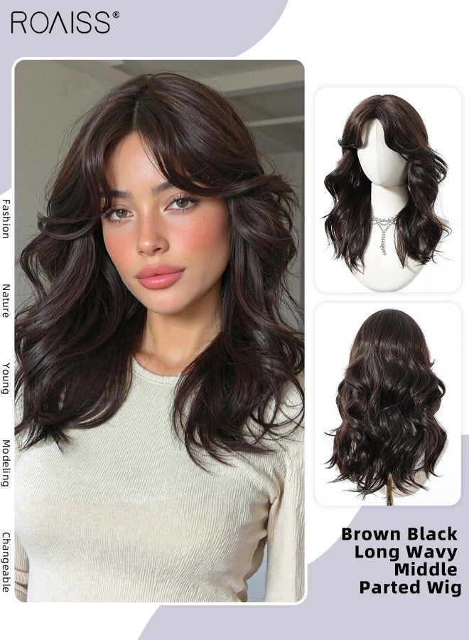 roaiss Black Brown Wavy Hair Wig, Women's Middle Parting Natural Soft Synthetic Heat Resistant Hair Wig for Wedding Cosplay Party Daily Use, 50.8cm (20 inches) - Image 1