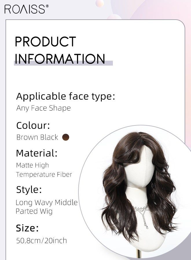 roaiss Black Brown Wavy Hair Wig, Women's Middle Parting Natural Soft Synthetic Heat Resistant Hair Wig for Wedding Cosplay Party Daily Use, 50.8cm (20 inches) - Image 3