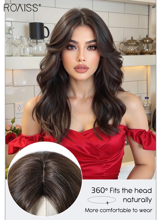 roaiss Black Brown Wavy Hair Wig, Women's Middle Parting Natural Soft Synthetic Heat Resistant Hair Wig for Wedding Cosplay Party Daily Use, 50.8cm (20 inches) - Image 5
