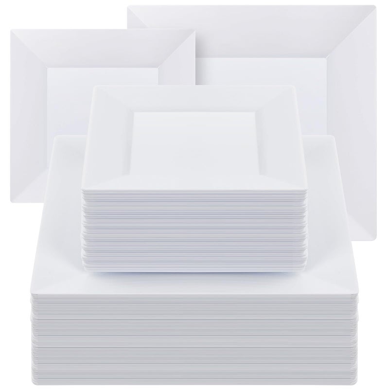 Goodluck 100 Pack Square Plastic Plates Heavy Duty 50 Dinner Plates 95 and 50 Dessert Plates 65 Fancy Disposable Plates for Wedding Holiday Party Birthday White