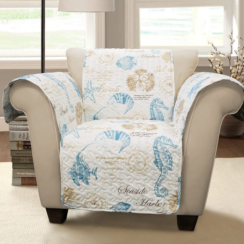 Lush Decor Lush Decor Harbor Life Furniture Protector  Arm Chair 71 W x 75 L Blue  Taupe  Quilted Coastal Chair Cover  Nautical Furnishings  Pet Protector For Chair  Beach House Decor 