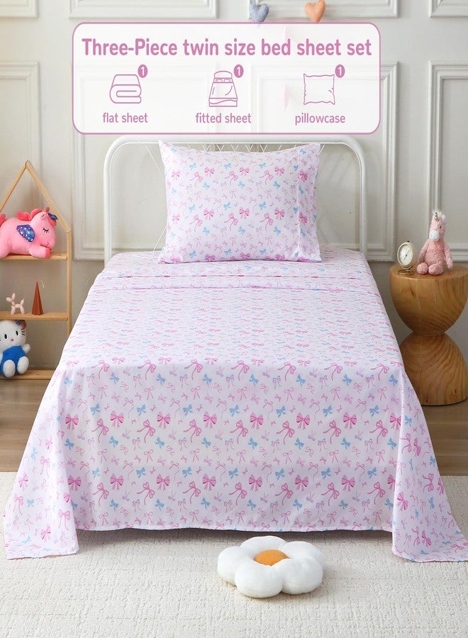 Softan Kids Bed Sheet Set, Girls Twin Size Kids Sheets, Microfiber Kids Fitted Sheet and Pillowcase, Breathable and Silky Soft, 3 Piece Colourful Bowknot Printed Kids Twin Bed Sheet - Image 5