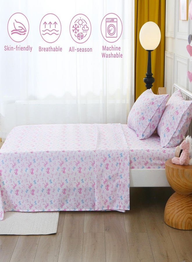 Softan Kids Bed Sheet Set, Girls Twin Size Kids Sheets, Microfiber Kids Fitted Sheet and Pillowcase, Breathable and Silky Soft, 3 Piece Colourful Bowknot Printed Kids Twin Bed Sheet - Image 3