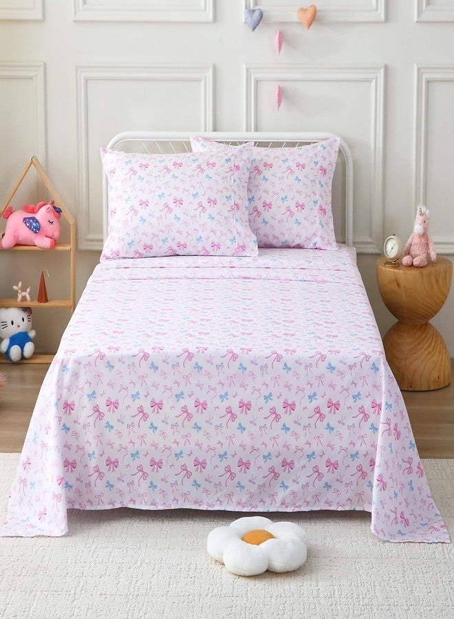 Softan Kids Bed Sheet Set, Girls Twin Size Kids Sheets, Microfiber Kids Fitted Sheet and Pillowcase, Breathable and Silky Soft, 3 Piece Colourful Bowknot Printed Kids Twin Bed Sheet - Image 2