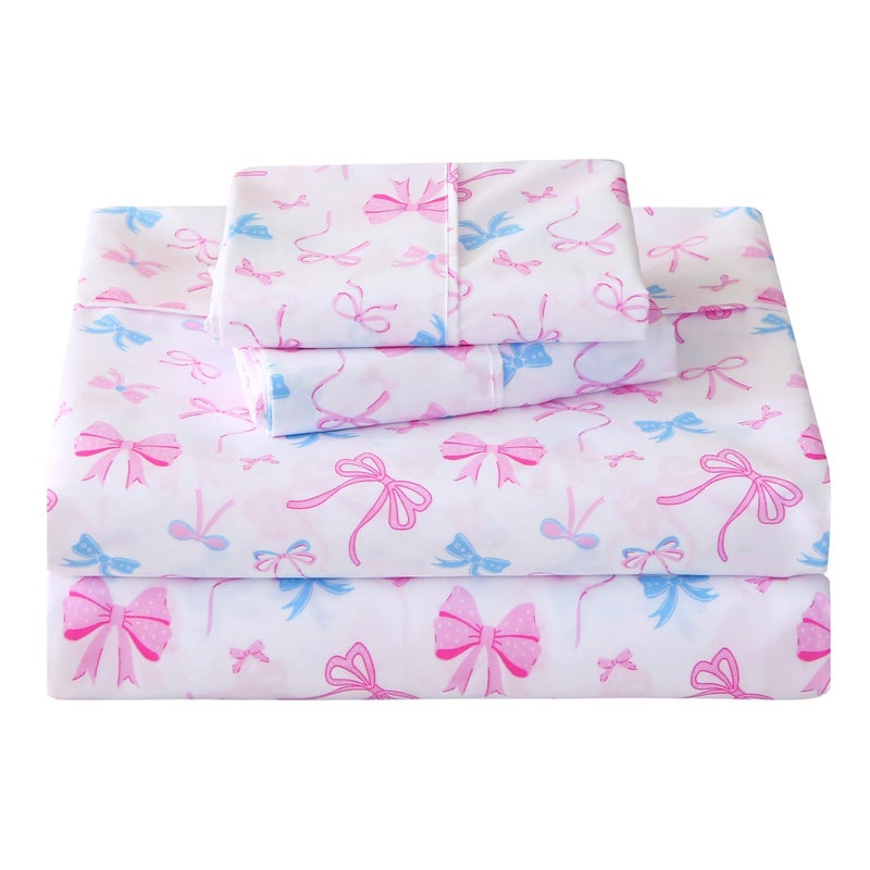 Softan Kids Bed Sheet Set, Girls Twin Size Kids Sheets, Microfiber Kids Fitted Sheet and Pillowcase, Breathable and Silky Soft, 3 Piece Colourful Bowknot Printed Kids Twin Bed Sheet - Image 1
