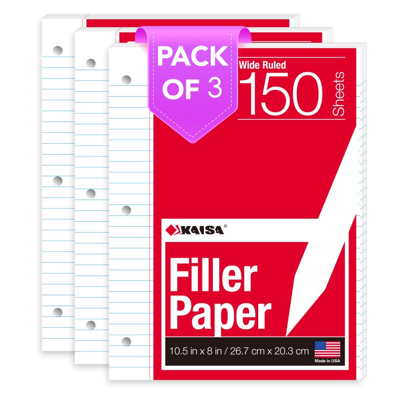 KAISA Filler Paper Loose Leaf Paper, Wide Ruled Paper, 8"x10-1/2", 3-Hole Punched Binder Paper For 3-Ring Binders,150 Sheets/pack 3Pack, F15001W - Image 1