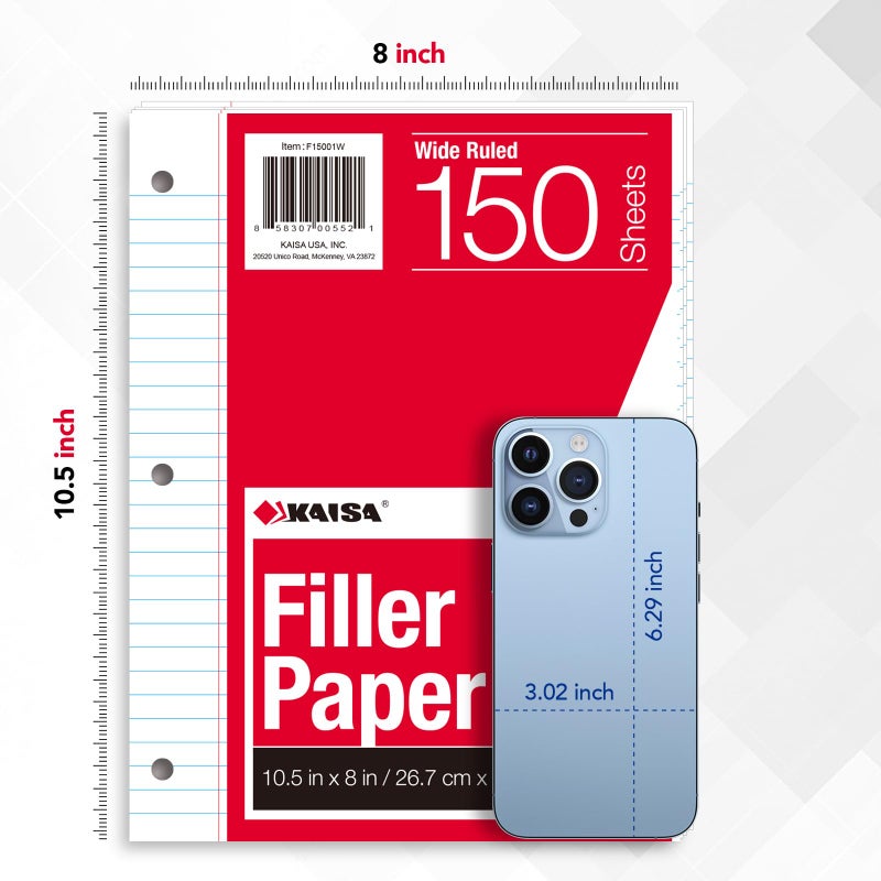 KAISA Filler Paper Loose Leaf Paper, Wide Ruled Paper, 8"x10-1/2", 3-Hole Punched Binder Paper For 3-Ring Binders,150 Sheets/pack 3Pack, F15001W - Image 4