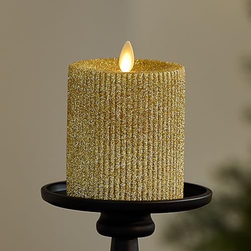 Luminara Rich Gold Glitter Ribbed Flameless LED Candle Moving Flame Pillar Real Wax Flat Top Timer 325 x 45 - Image 1