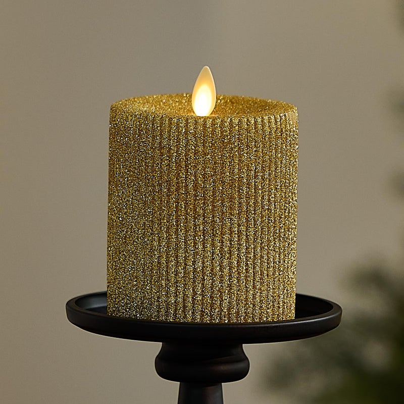Luminara Rich Gold Glitter Ribbed Flameless LED Candle Moving Flame Pillar Real Wax Flat Top Timer 325 x 45 - Image 2