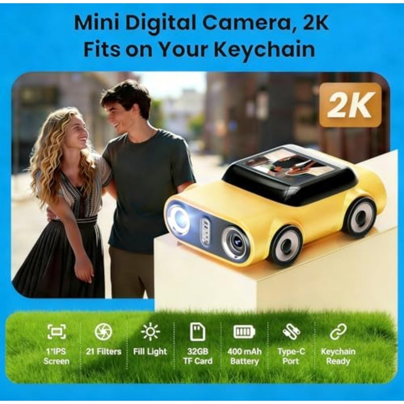 Mini Key chain Digital Camera, 2K Digital Car Shape Tiny Camera with 32GB Card, 130°wide angle Lens, High-speed Type-C port, Portable Small Cameras with Elegant Gift Box for Travel,,Gifts - Image 2