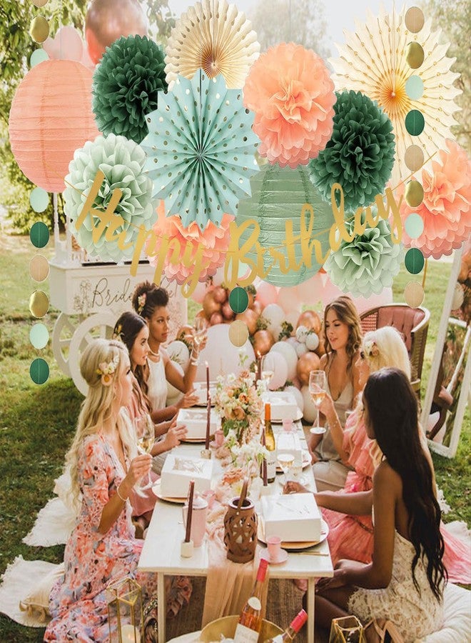 FETETIJD Sage Green and Peach Birthday Decorations - Olive Peach Tissue Paper Pom Poms, Hanging Paper Fans & Lantern, Gold Happy Birthday Banner for Olive Sage Green Peach Bday Baby Shower Decorations - Image 4