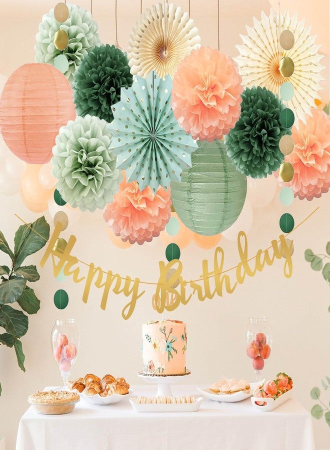 FETETIJD Sage Green and Peach Birthday Decorations - Olive Peach Tissue Paper Pom Poms, Hanging Paper Fans & Lantern, Gold Happy Birthday Banner for Olive Sage Green Peach Bday Baby Shower Decorations - Image 2