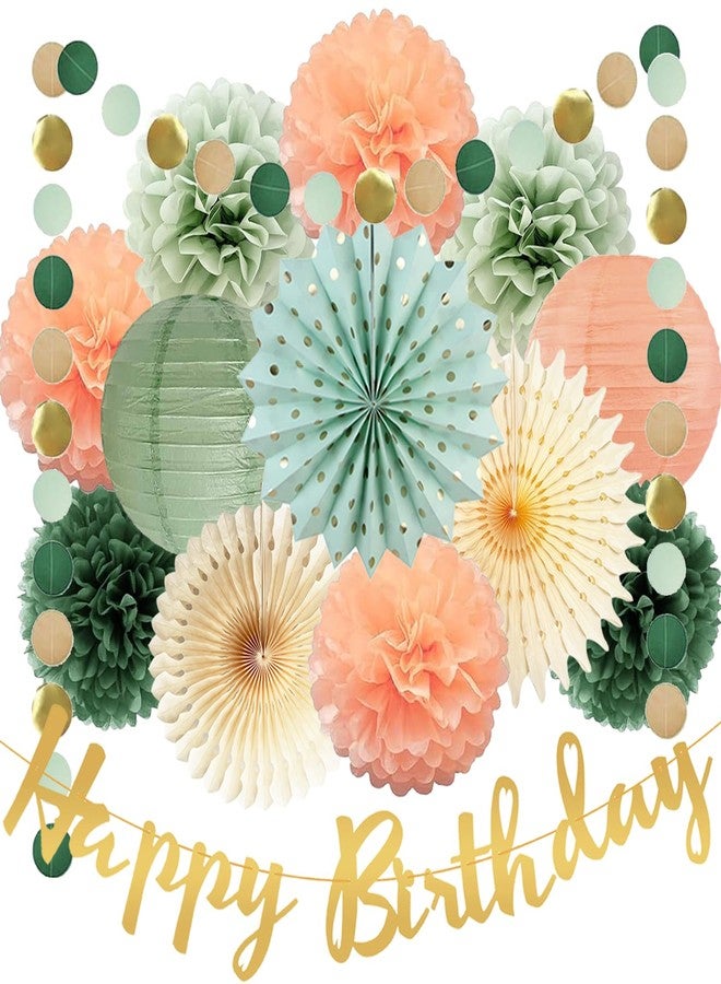 FETETIJD Sage Green and Peach Birthday Decorations - Olive Peach Tissue Paper Pom Poms, Hanging Paper Fans & Lantern, Gold Happy Birthday Banner for Olive Sage Green Peach Bday Baby Shower Decorations - Image 1
