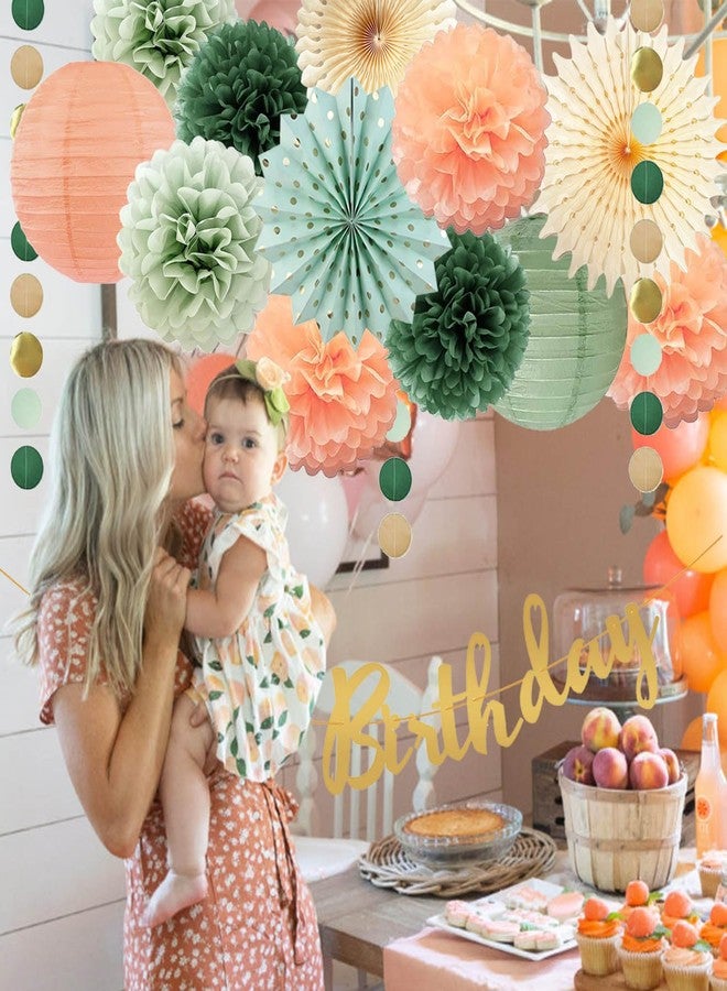 FETETIJD Sage Green and Peach Birthday Decorations - Olive Peach Tissue Paper Pom Poms, Hanging Paper Fans & Lantern, Gold Happy Birthday Banner for Olive Sage Green Peach Bday Baby Shower Decorations - Image 5