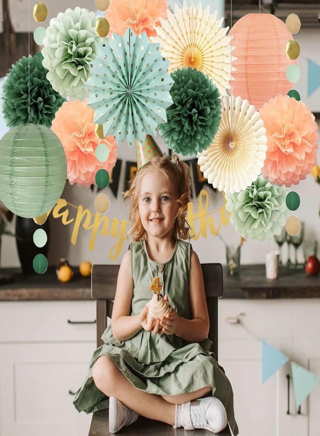 FETETIJD Sage Green and Peach Birthday Decorations - Olive Peach Tissue Paper Pom Poms, Hanging Paper Fans & Lantern, Gold Happy Birthday Banner for Olive Sage Green Peach Bday Baby Shower Decorations - Image 3
