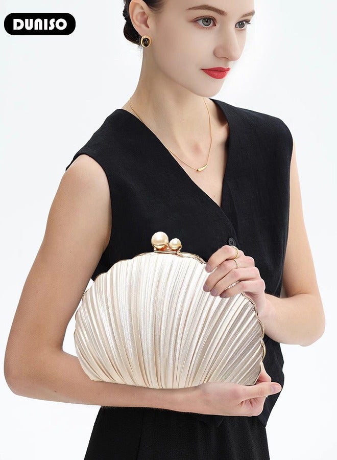 DUNISO Women's Romantic Design Evening Bags Clutch,Imitation Silk Small Evening Purse,Urban Simplicity Style Crossbody Shell-shaped Pleats Fashion Elegant Compact Simple Handbag Clutch Bag,Portable for Lady Party Formal Bridal Wedding Prom  - Image 2