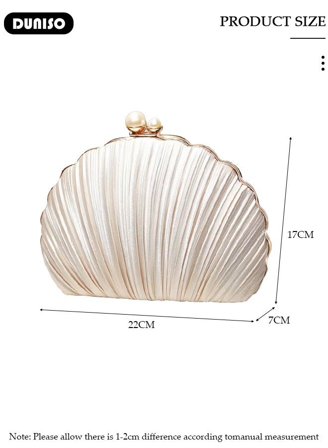 DUNISO Women's Romantic Design Evening Bags Clutch,Imitation Silk Small Evening Purse,Urban Simplicity Style Crossbody Shell-shaped Pleats Fashion Elegant Compact Simple Handbag Clutch Bag,Portable for Lady Party Formal Bridal Wedding Prom  - Image 4