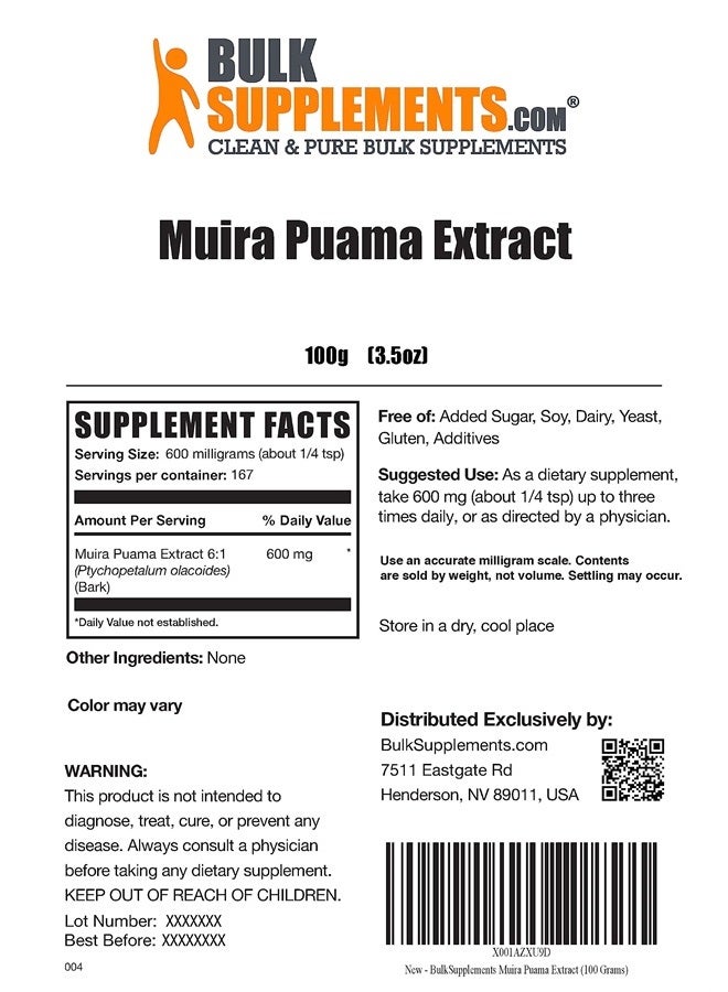 BulkSupplements .com Muira Puama Extract Powder - Herbal Supplement, Sourced from Muira Puama Bark - Gluten Free - 600mg per Serving, 167 Servings (100 Grams - 3.5 oz) - Image 1