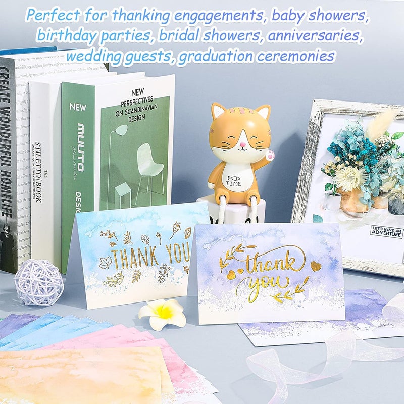 كلاراكو مجموعة من 72 بطاقة شكر بألوان مائية مع مظاريف وملصقات، 6 تصاميم، بطاقات تهنئة بأحرف ذهبية، مظاريف شكر، ملصقات ختم مظاريف دائرية لحفلات الزفاف والتخرج وحفلات استقبال المولود الجديد - Image 4
