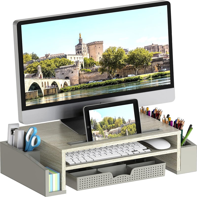 Simple Houseware Desk Monitor Stand Riser with Adjustable Organizer tray, Maple - Image 1