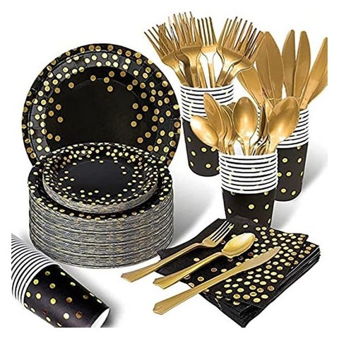 S2C 175 Pcs Serves 25 Heavy Duty Black Gold Disposable Party Supplies With Paper Party Plates, Napkins, Cups, Spoons, Forks For Wedding, Birthday, Anniversary, Graduation Dinnerware Set (BLACK GOLD)