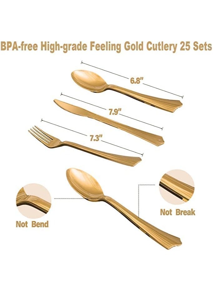 S2C 175 Pcs Serves 25 Heavy Duty Black Gold Disposable Party Supplies With Paper Party Plates, Napkins, Cups, Spoons, Forks For Wedding, Birthday, Anniversary, Graduation Dinnerware Set (BLACK GOLD) - Image 5