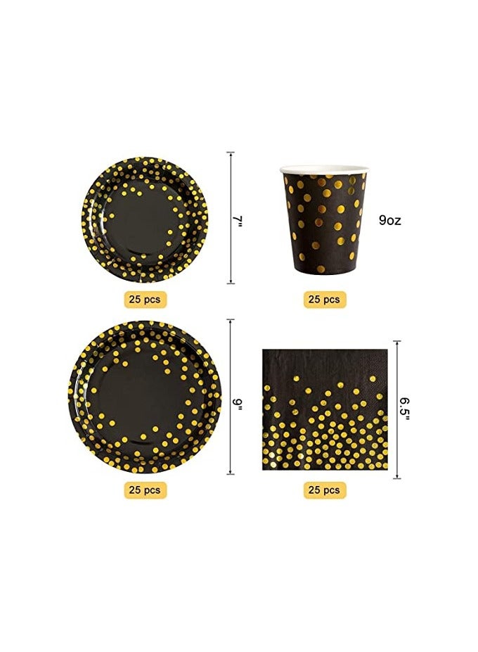 S2C 175 Pcs Serves 25 Heavy Duty Black Gold Disposable Party Supplies With Paper Party Plates, Napkins, Cups, Spoons, Forks For Wedding, Birthday, Anniversary, Graduation Dinnerware Set (BLACK GOLD) - Image 4
