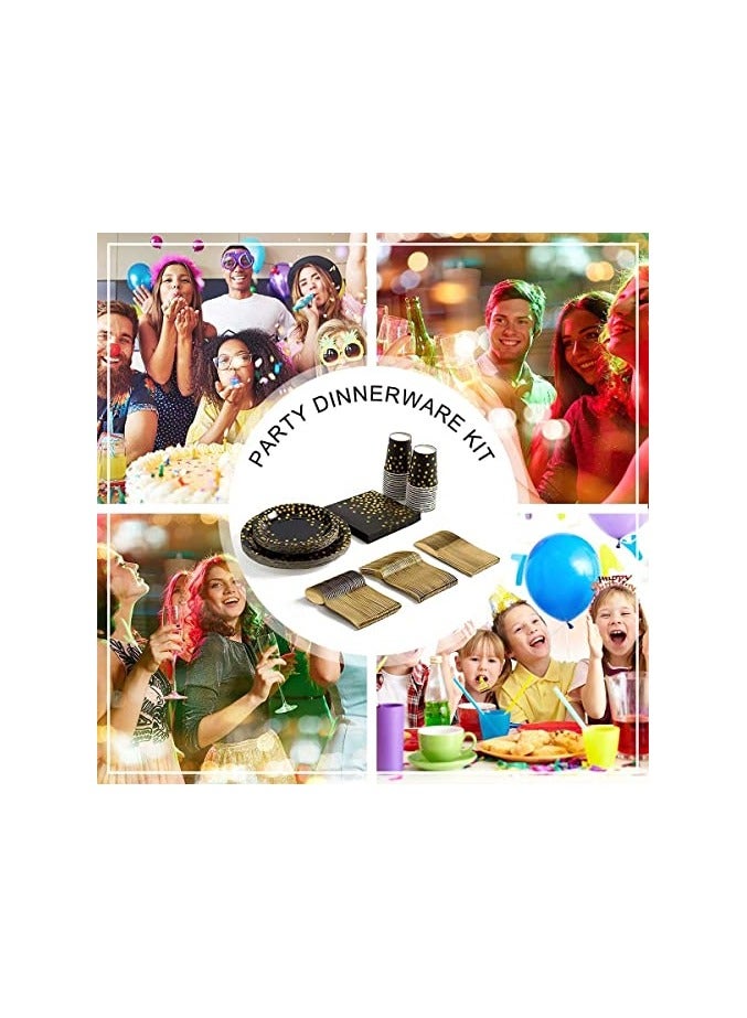 S2C 175 Pcs Serves 25 Heavy Duty Black Gold Disposable Party Supplies With Paper Party Plates, Napkins, Cups, Spoons, Forks For Wedding, Birthday, Anniversary, Graduation Dinnerware Set (BLACK GOLD) - Image 3