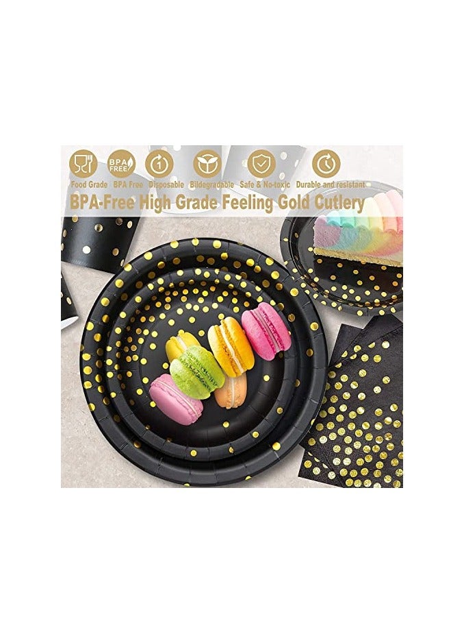 S2C 175 Pcs Serves 25 Heavy Duty Black Gold Disposable Party Supplies With Paper Party Plates, Napkins, Cups, Spoons, Forks For Wedding, Birthday, Anniversary, Graduation Dinnerware Set (BLACK GOLD) - Image 2