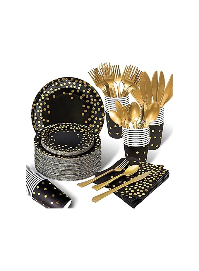 S2C 175 Pcs Serves 25 Heavy Duty Black Gold Disposable Party Supplies With Paper Party Plates, Napkins, Cups, Spoons, Forks For Wedding, Birthday, Anniversary, Graduation Dinnerware Set (BLACK GOLD) - Image 1