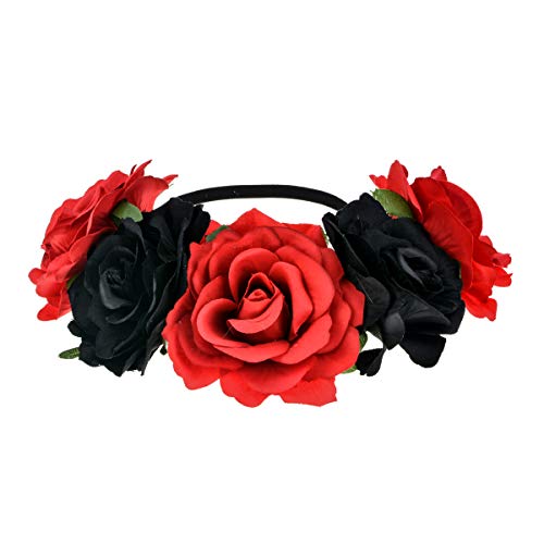 June Bloomy Rose Floral Crown Garland Flower Headband Headpiece for Wedding Festival (Black Red) - Image 1
