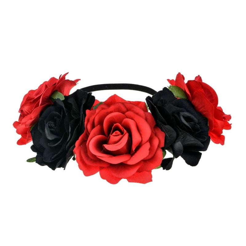 June Bloomy Rose Floral Crown Garland Flower Headband Headpiece for Wedding Festival (Black Red) - Image 4