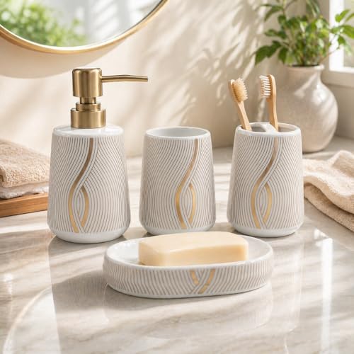 Whizzo® Ceramic Bathroom Accessories Set Ceramic - 4 Pieces Multicolor Bathroom Accessories Set Soap Dispenser, Toothbrush Holder, Tumbler, Soap Dish, The Best Gifting Choice (White, WZ-BS-803-White) - Image 1